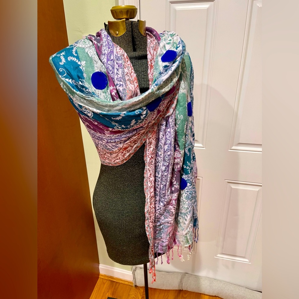 Kashmiri pashmina | multicolored paisley with fringe and beaded embellishment